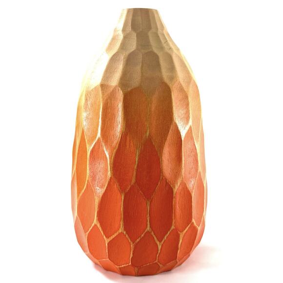Hand Carved Wooden Decorative Vase Faceted Orange & Natural Wood Thailand 10” - Picture 3 of 7